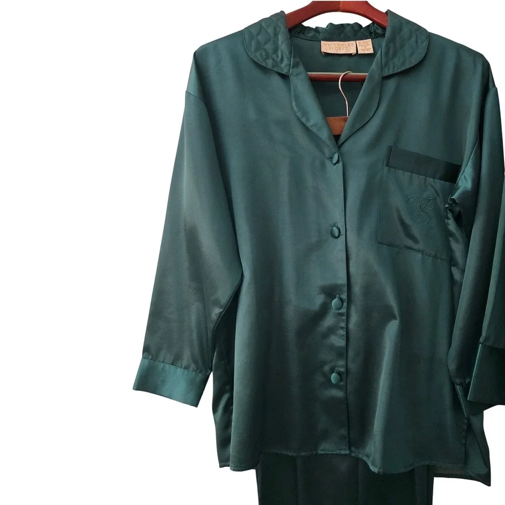 Victoria's Secret VTG Gold Label Emerald Green Satin‎ 3pc Pajama Robe Set Small